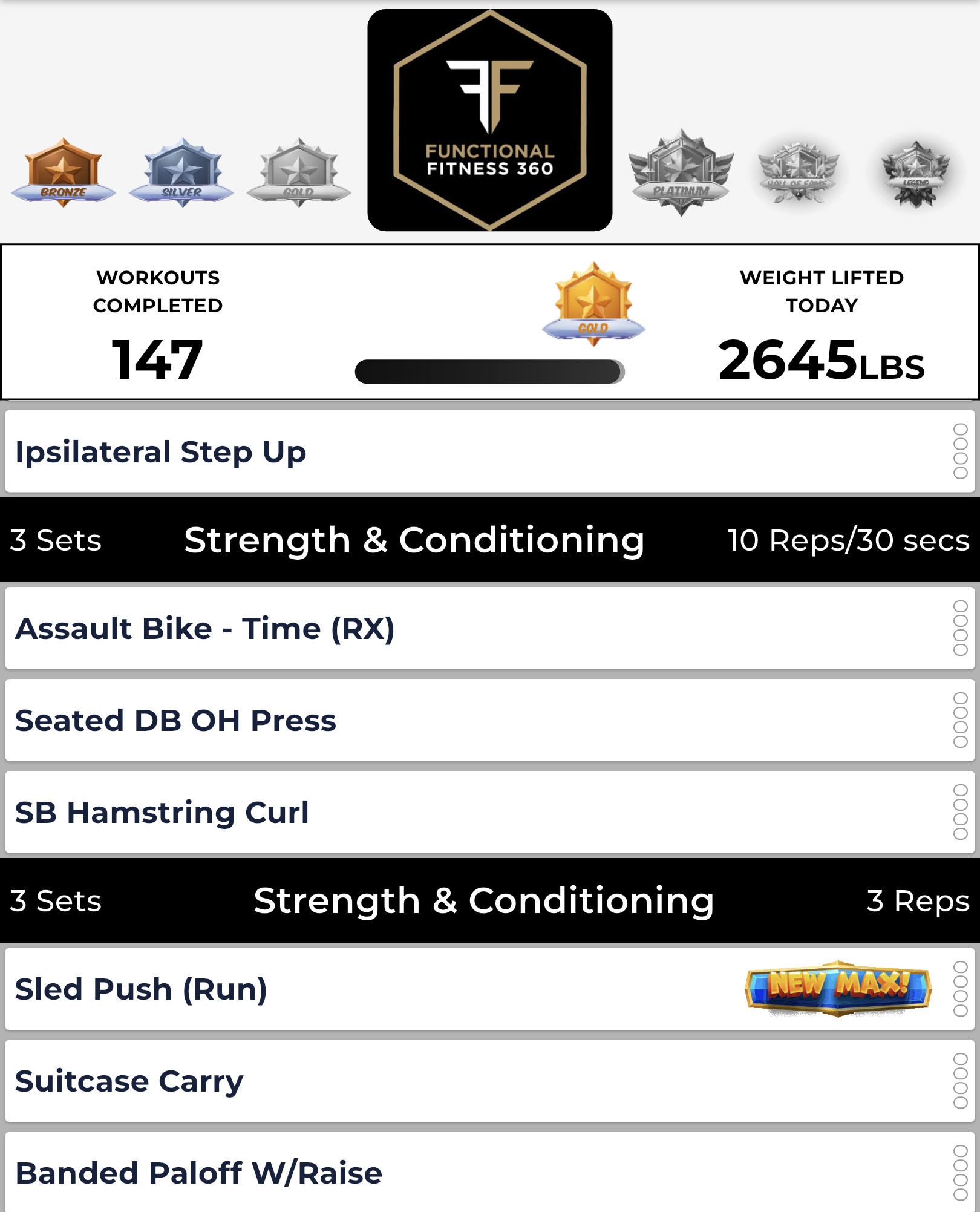 FF360 app — 147 workouts completed, Gold rank